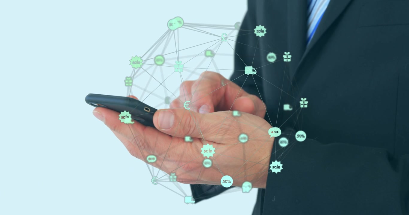 Animación del procesamiento de datos sobre un empresario caucásico usando un smartphone
