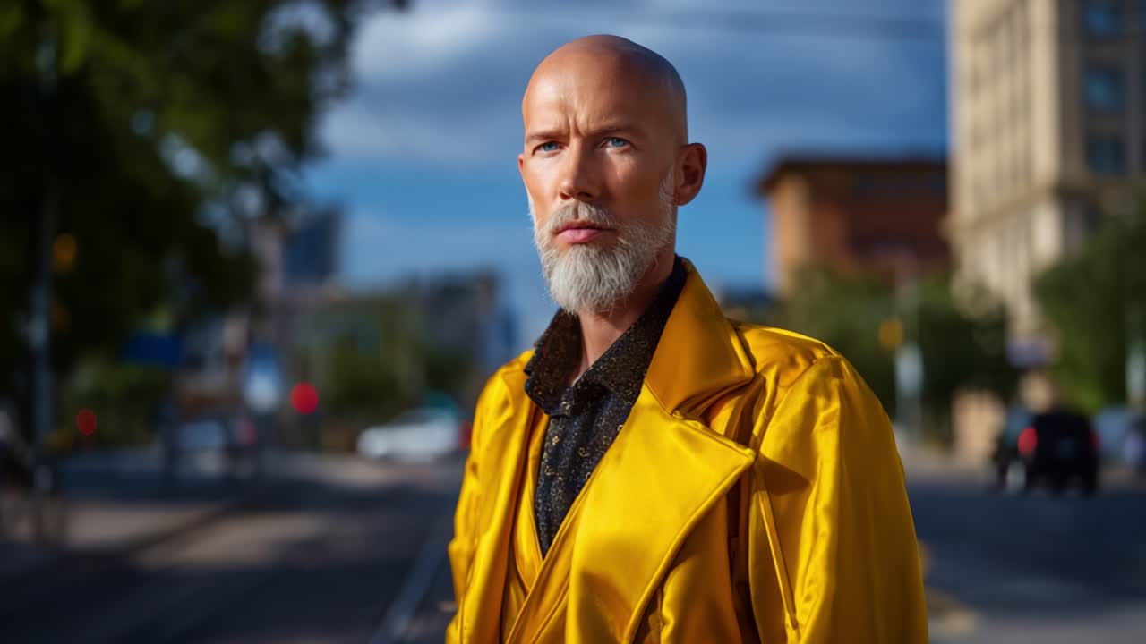 En selvsikker person står i forgrunden iført en strålende gul frakke og udstråler en følelse af stil og nærvær mod en sløret, urban baggrund.