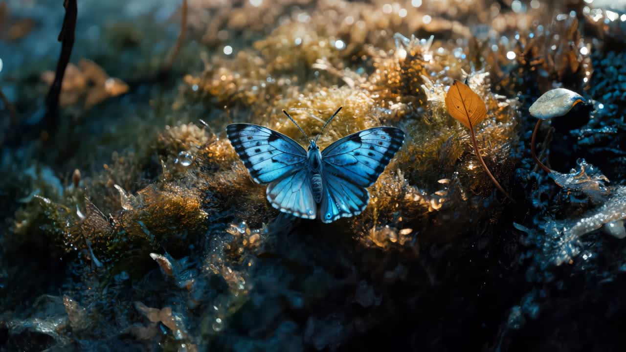 Macro di una vivace farfalla blu appoggiata su muschio umido con calda luce serale e bokeh scintillante in una misteriosa atmosfera boschiva