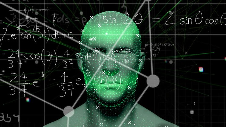 Animazione di testa digitale e equazioni matematiche su sfondo nero