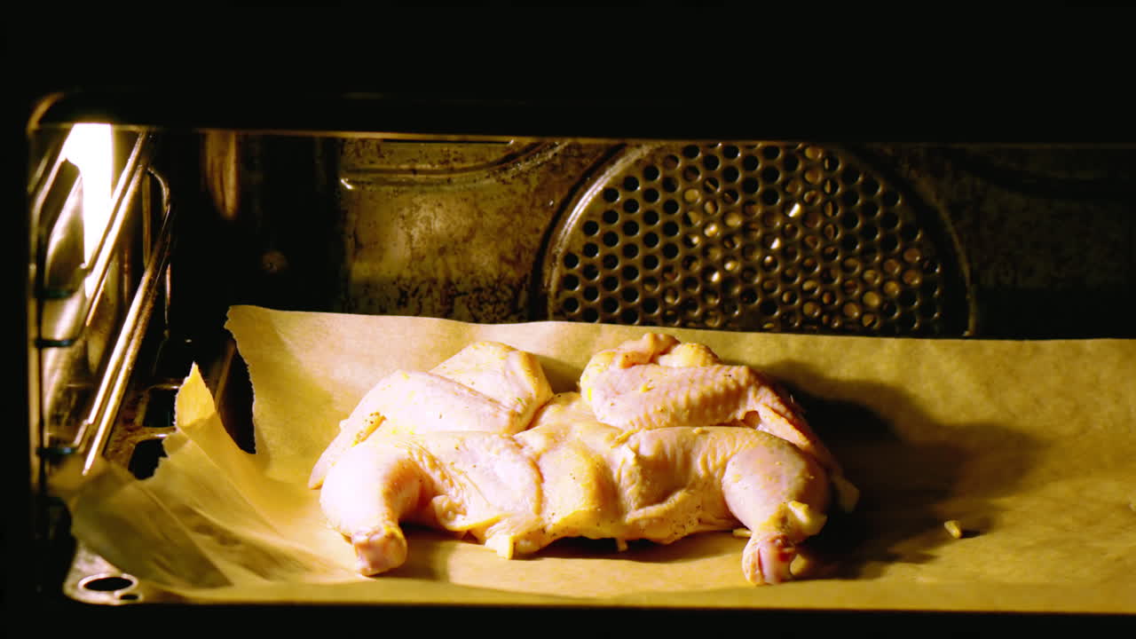 Pollo crudo che cuoce in forno