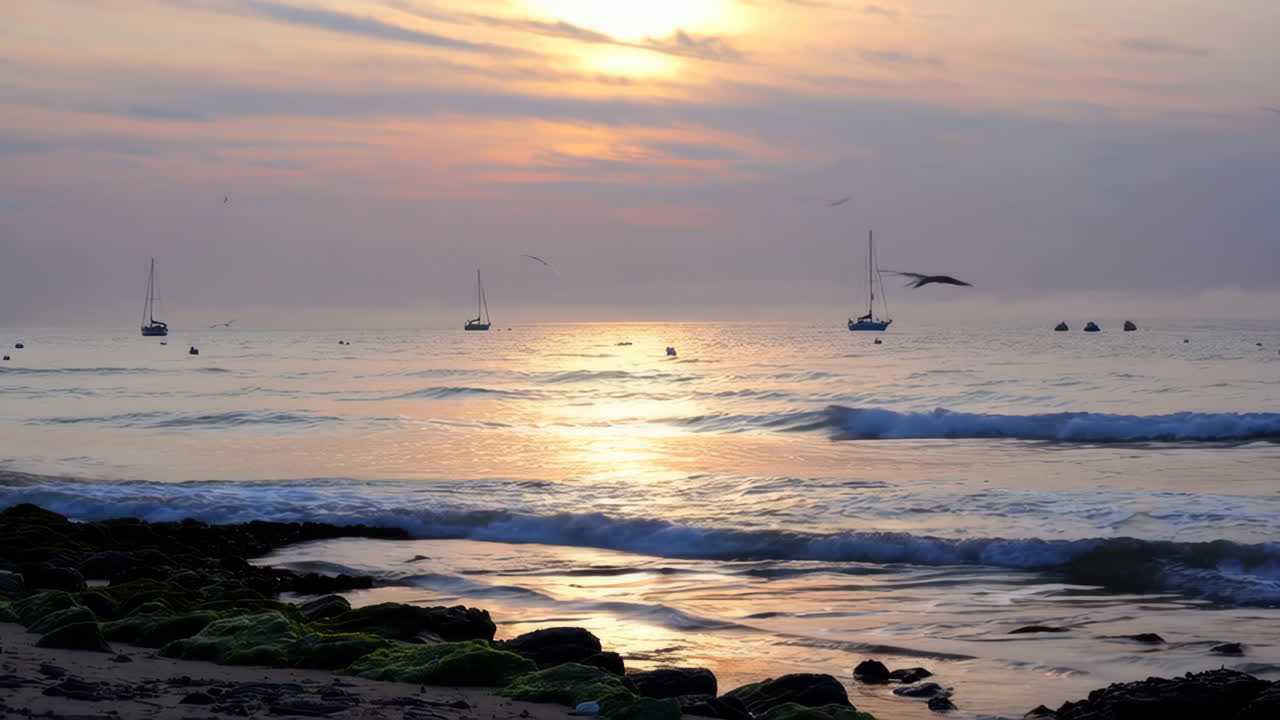 Sunrise or Sunset at the Beach with Sailboats
