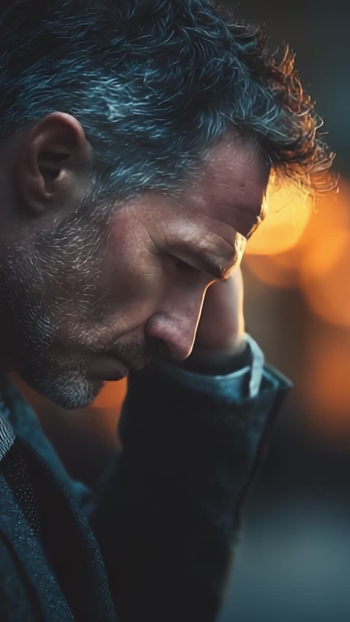 Um homem contemplativo vivencia um momento de reflexão sob luzes suaves e brilhantes, exibindo sua expressão pensativa e a beleza da emoção humana em um fundo desfocado