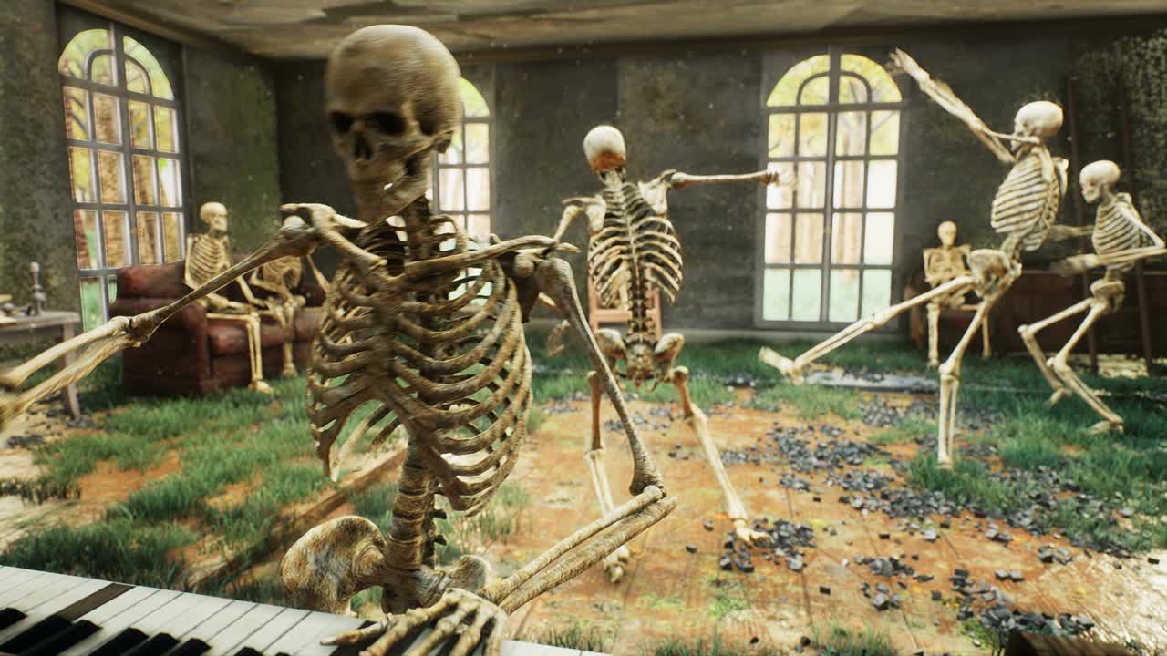 공포의 집에서 할로윈 동안 피아노를 연주하고 춤을 추는 골격의 원활한 애니메이션 - 포스트 아포칼립스 세계 또는 할로윈 공포의 개념.