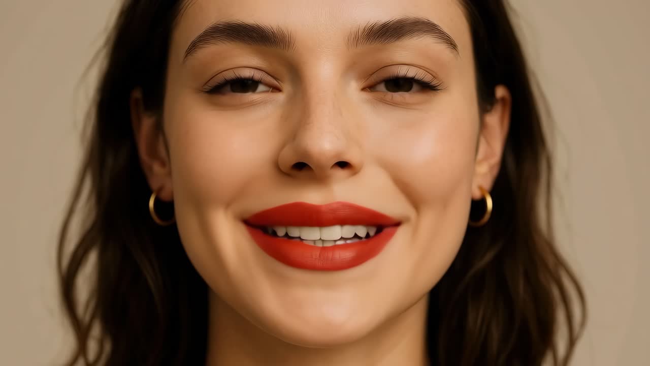 Vídeo em close-up de uma mulher sorrindo com batom vermelho chamativo e brincos de argola