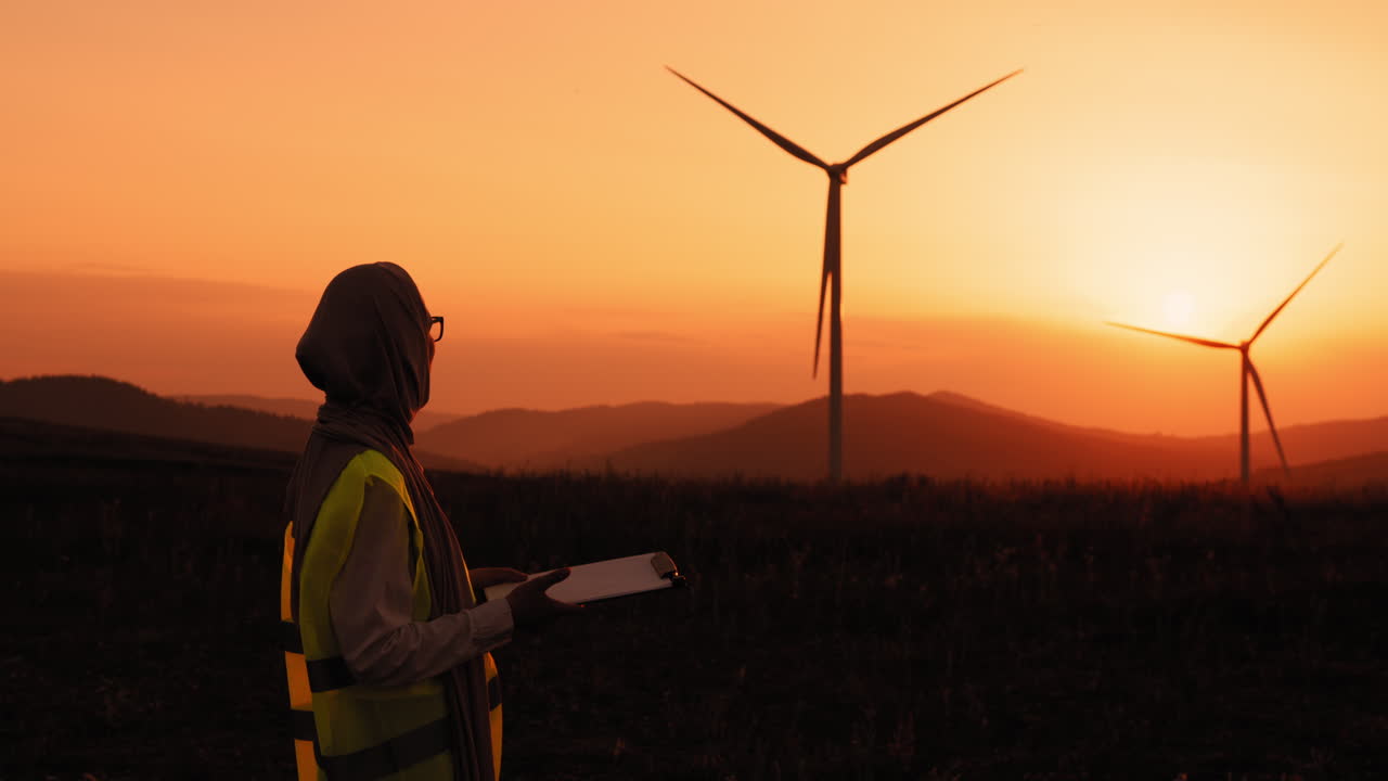 mujer ingeniera en un parque eólico al atardecer