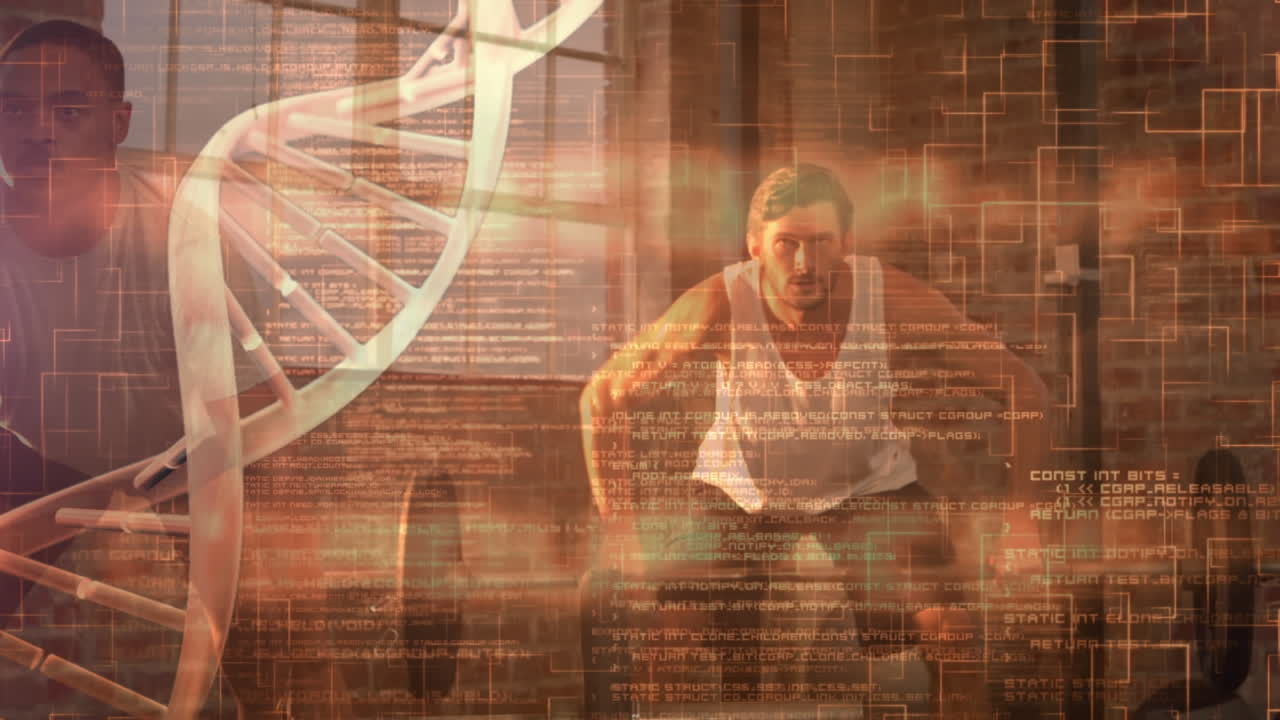 카우카시안 트 남자가 체육관에서 바벨로 운동하는 것에 대한 의료 데이터 처리