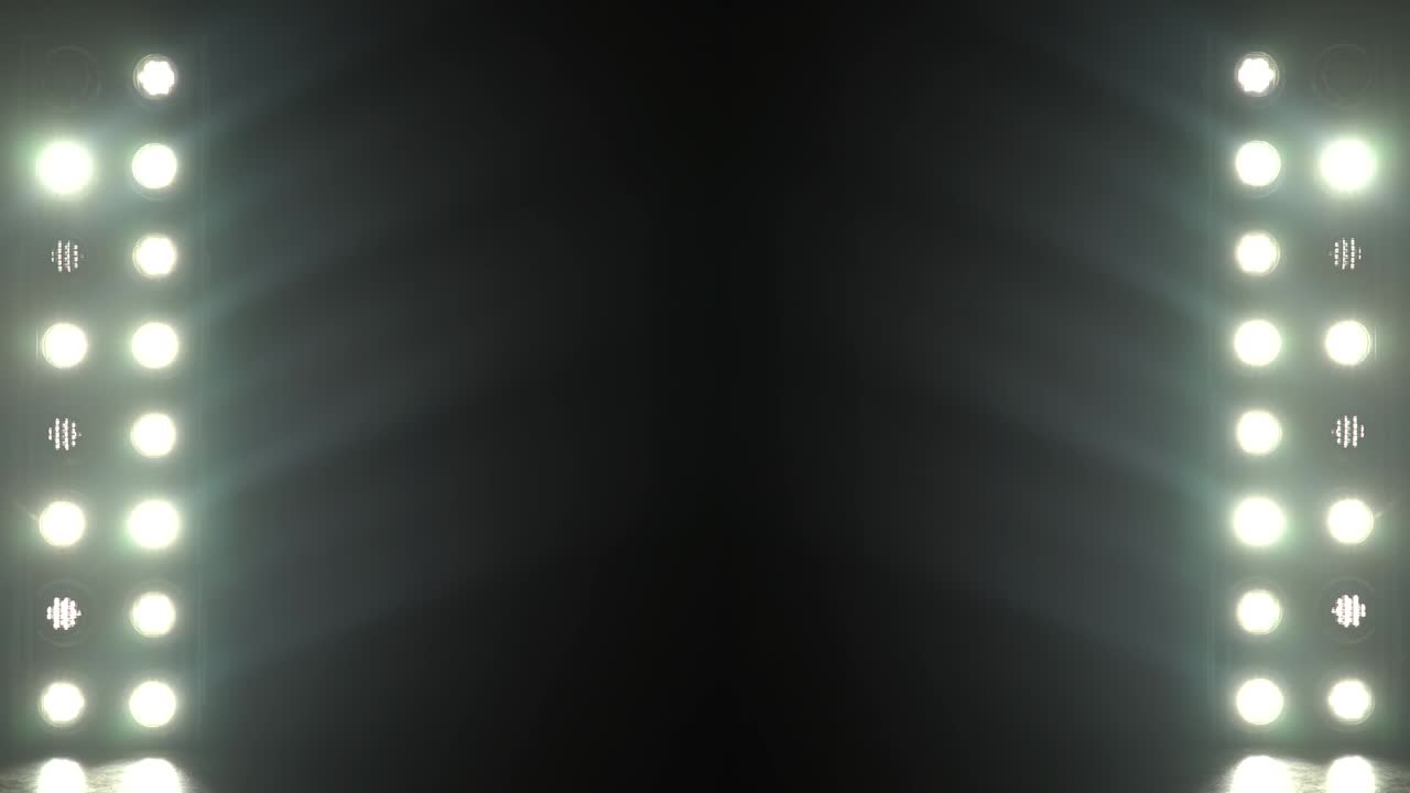 Realistic footage of stage light flashing rays spotlights through smoke