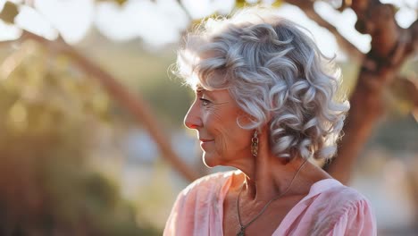 portrait of serene senior woman with closed eyes and gray hair enjoying peaceful moment in nature, conveying sense of tranquility and mindfulness