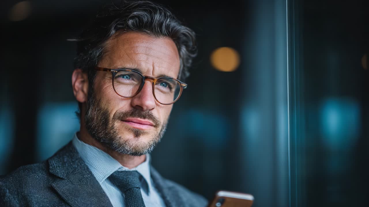 A contemplative man in glasses and a stylish suit gazes thoughtfully out a window, reflecting on life while holding his smartphone in an elegant, modern environment