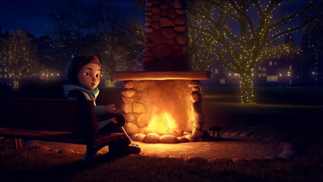 animated girl enjoying a cozy winter evening by the outdoor fireplace in a park