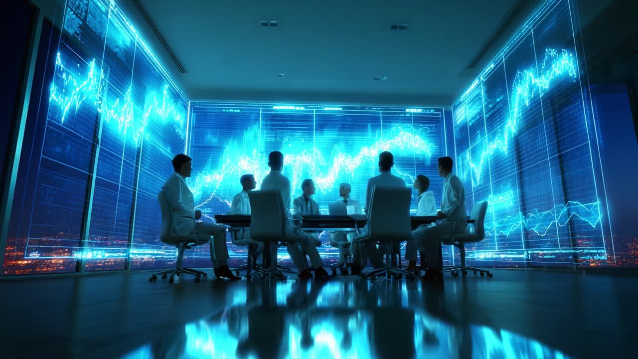 A Strategic Meeting of Analysts in a High-Tech Conference Room, Analyzing Data Trends with Advanced Visualizations on a Digital Screen Backdrop, Emphasizing Collaborative Insights