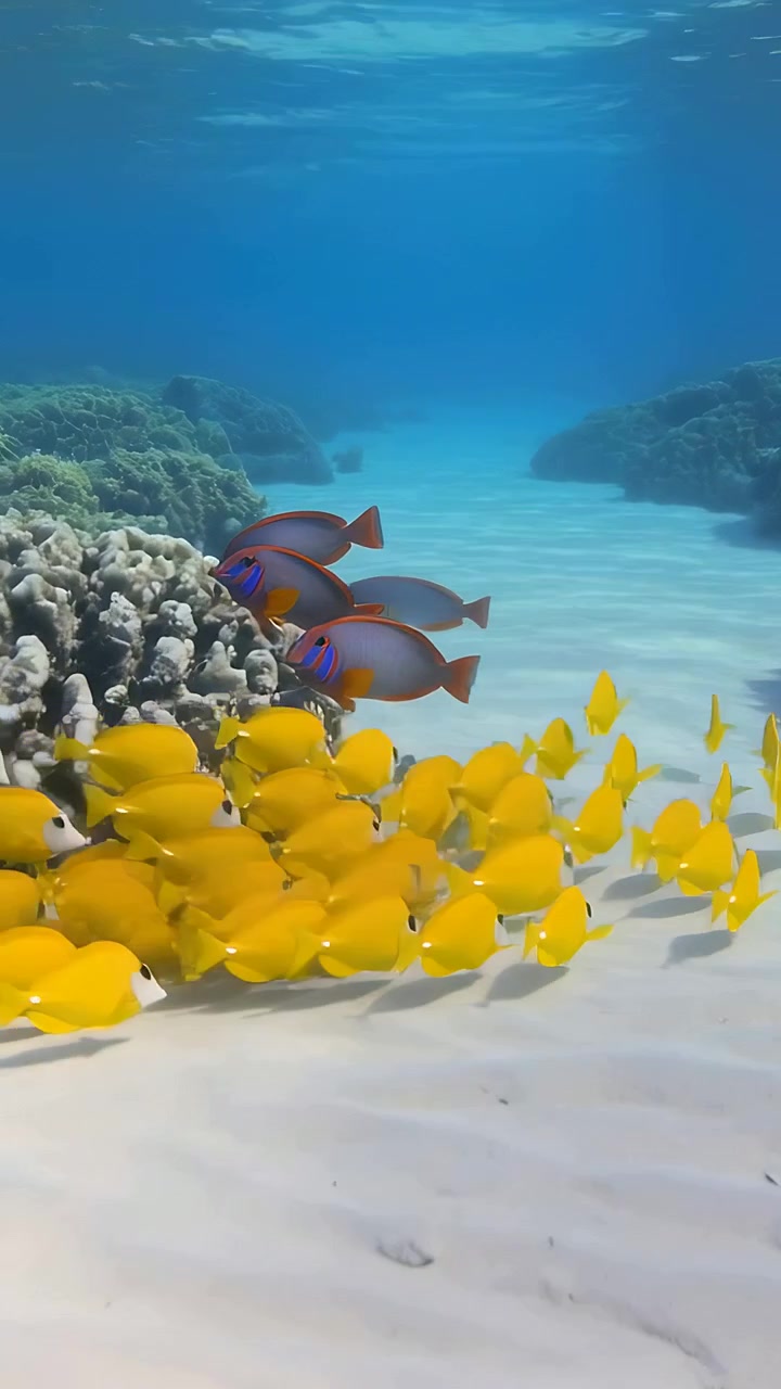 Video vertical: Acercándose a tres peces morados en una cabeza de coral en el arrecife, un banco amarillo fluyendo hacia un paso profundo