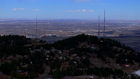 Denver city Front Range Lookout Mountain towers Genesse Morrison Evergreen aerial drone view Colorado Golden Gate Canyon power lines winter sunny cloudy afternoon Buffalo Bills Grave blue sky upwards
