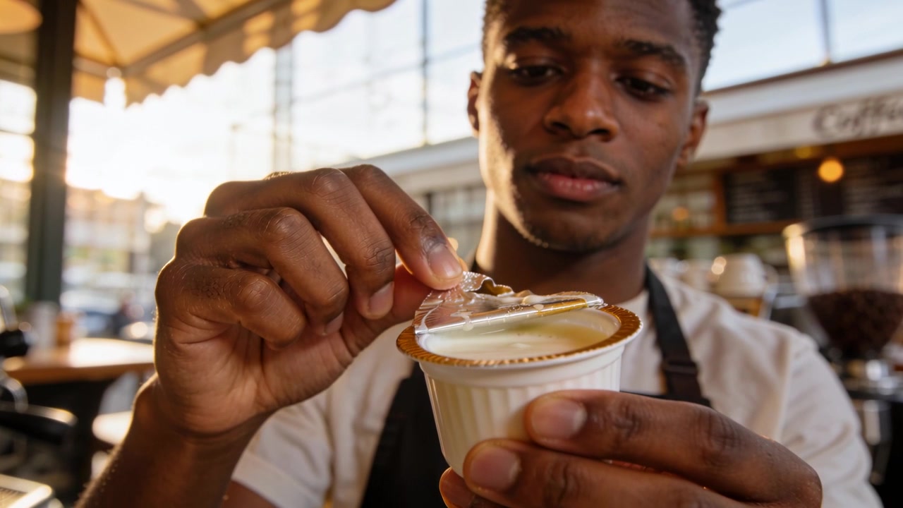 Barista con grembiule scuro che afferra una tazza e stacca un coperchio di alluminio al bancone del caffè, preparando la panna.