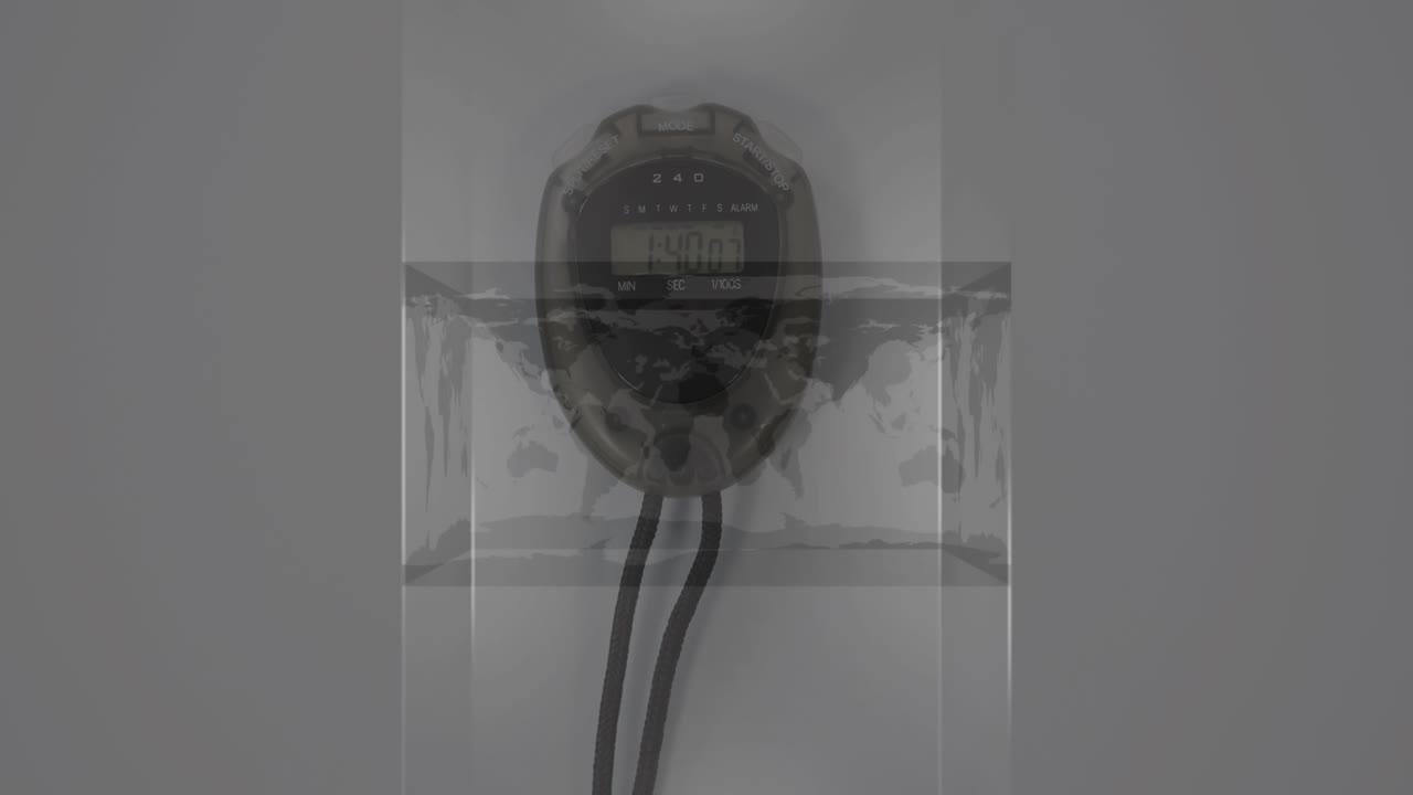 Animation of world map in a cube spinning against close up of a stopwatch on grey background