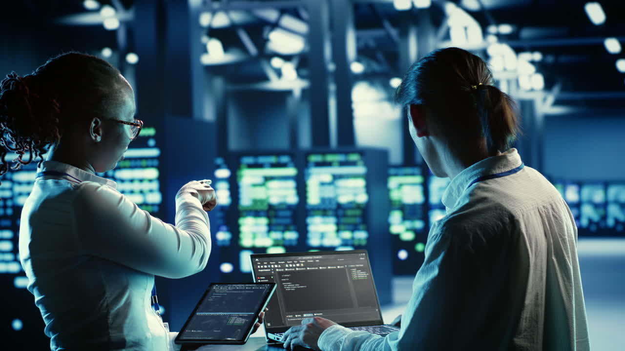 Coworkers coding in data center