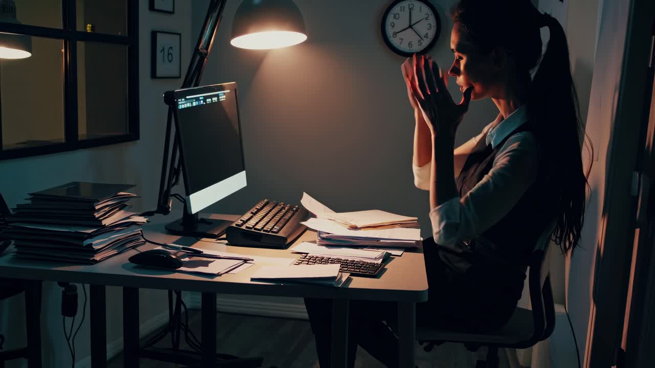 Montage of an office worker dealing with burnout syndrome, showing different moments of her struggle with stress, overwork, and exhaustion in a dark office environment