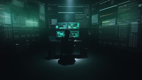 in una stanza buia con schermi olografici hacker