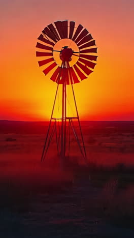 a windmill stands in a field at sunset. the sky is orange and the sun is setting