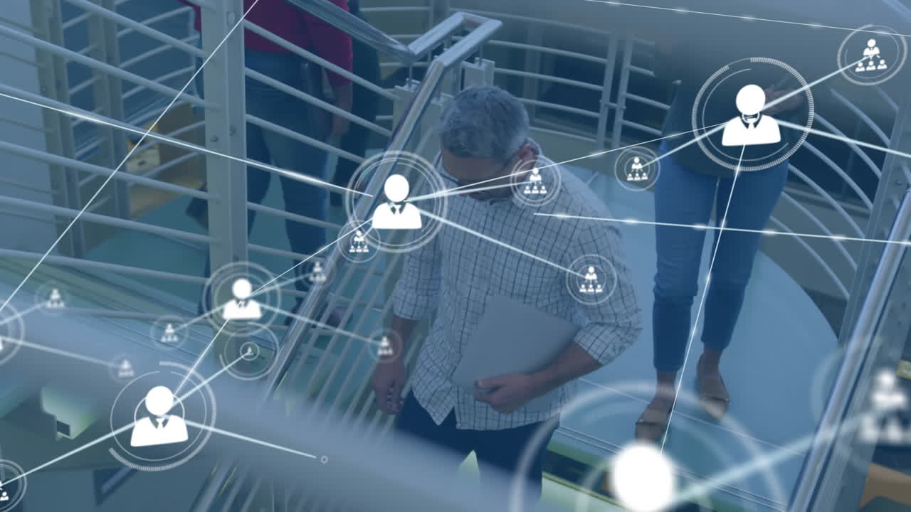 Animation of network of connections with icons over diverse business people in office