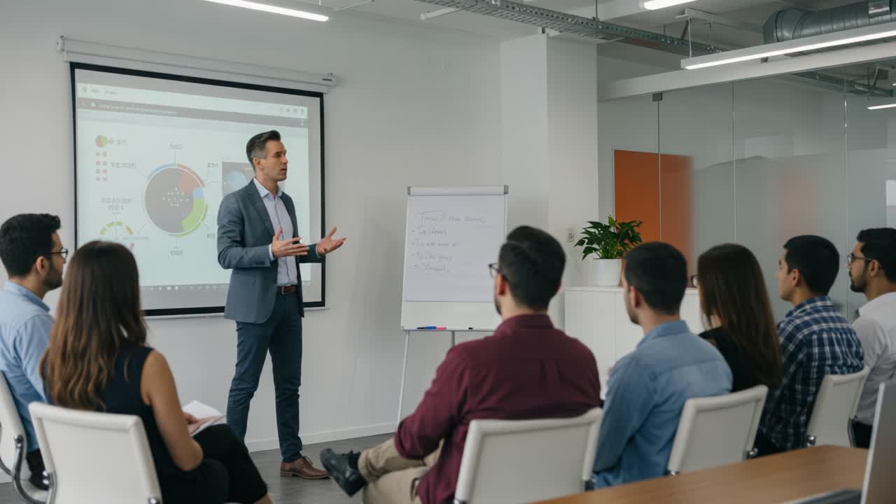 Engaging Business Presentation in Progress: A Professional Speaks to an Attentive Audience in a Modern Office Setting