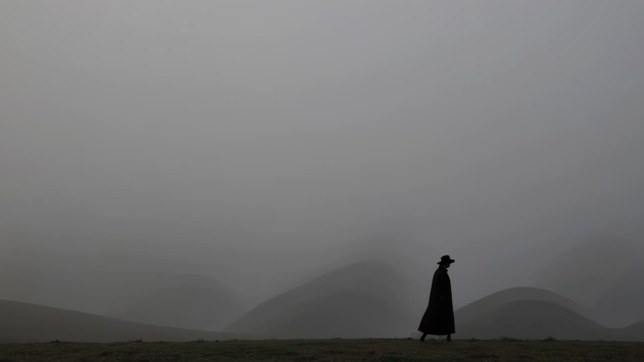 Solitary Figure in a Foggy Mountain Landscape