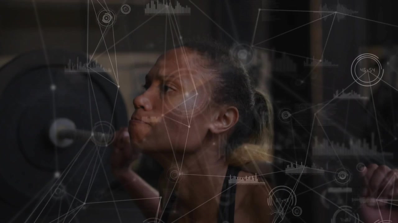 Woman bracing, inhaling and doing loaded barbell squat for fitness, spotter aiding, HUD tracking