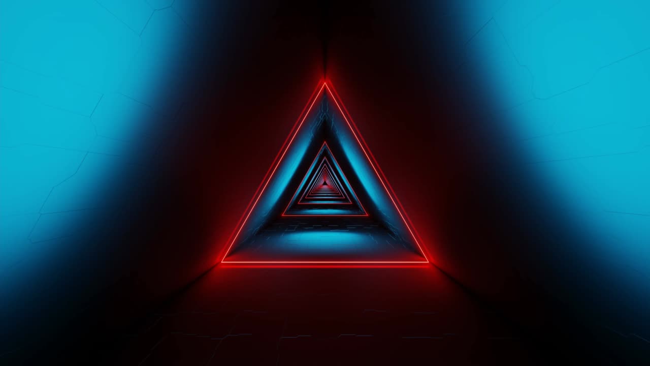 abstracto triángulo futurista túnel espacial luces de neón brillantes renderización en 3d
