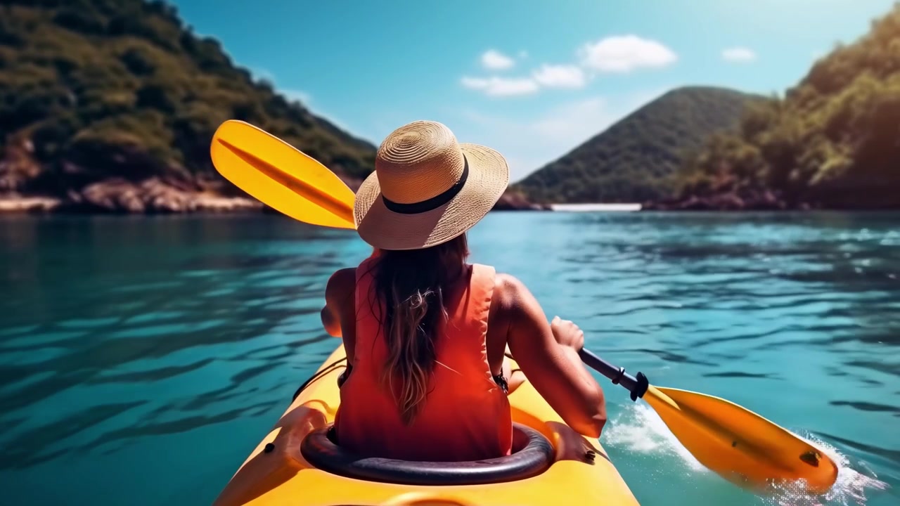 Donna con cappello in kayak su acqua blu con montagne