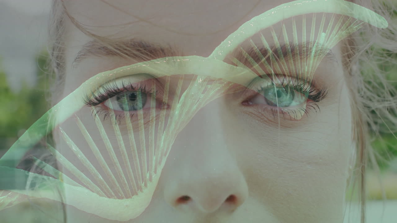 Animating DNA strand over close-up of woman eyes in scientific visualization