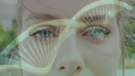 animating dna strand over close-up of woman eyes in scientific visualization