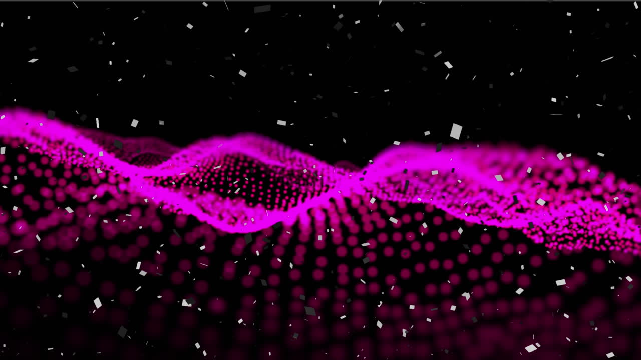 Animation of white confetti falling over undulating landscape of contoured pink dots
