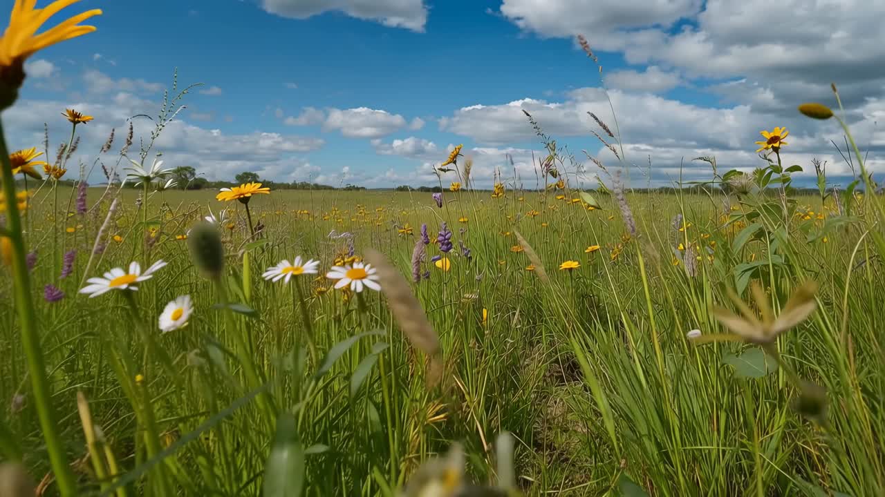 Swaying wildflower cluster moving in meadow breeze as camera translating, revealing daisies, lupine
