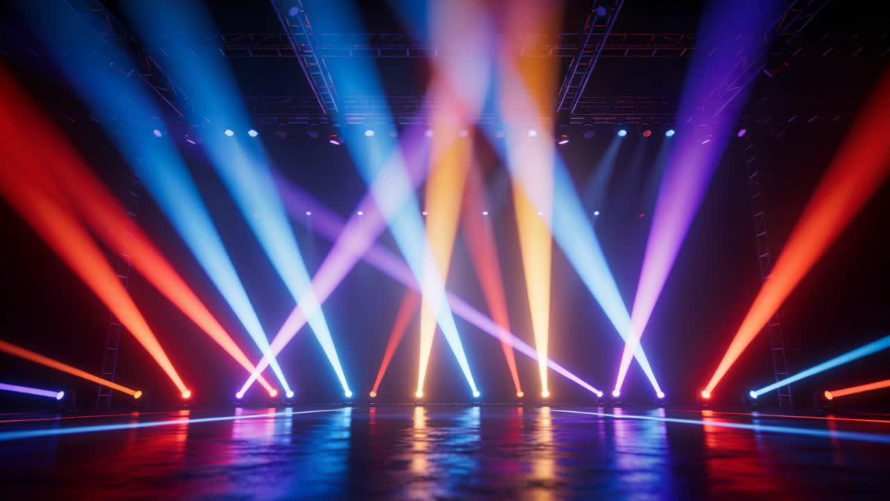 Responding to lighting cue, moving-heads sending beams across shiny stage floor, haze revealing