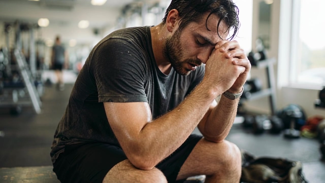 Sitting man wearing dark tee black shorts catching breath after heavy set at gym on bench