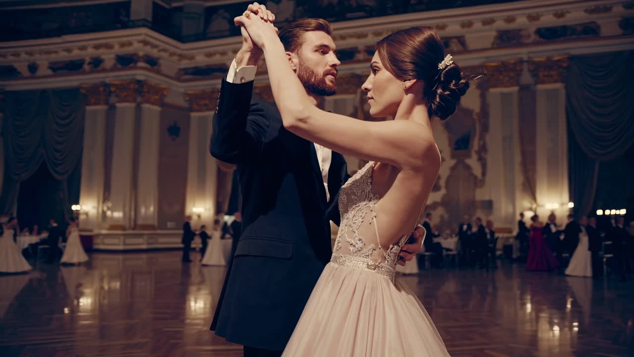 Video di elegante ballo da sala con inquadratura grandangolare, che cattura una coppia in abito formale sotto un'ampia.