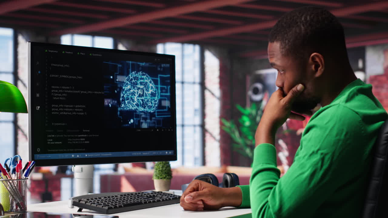 African american engineer coding a neural network AI brain model