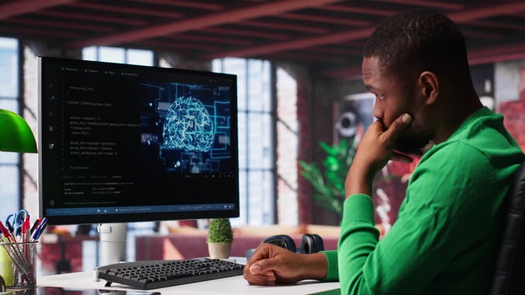 African american engineer coding a neural network AI brain model