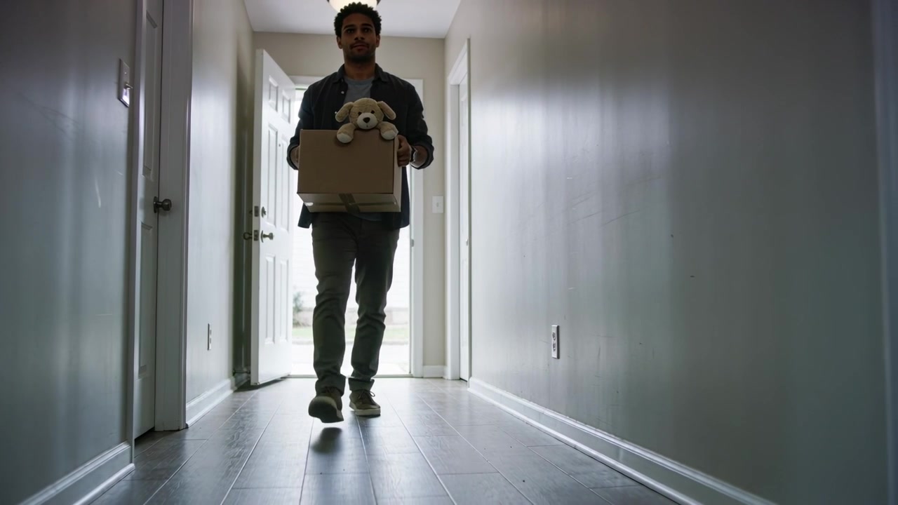 Front door opening, man in shirt walking down hallway carrying box with stuffed dog bringing items