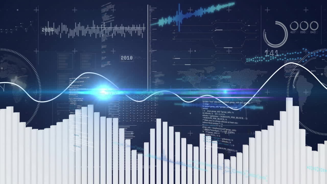 Bar and line graphs with digital data processing animation over dark background