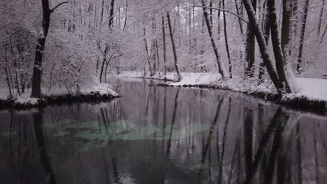 Reserva-Natural-De-Manantiales-Azules-Durante-El-Invierno-Nevado-De-Polonia,-Panorámica