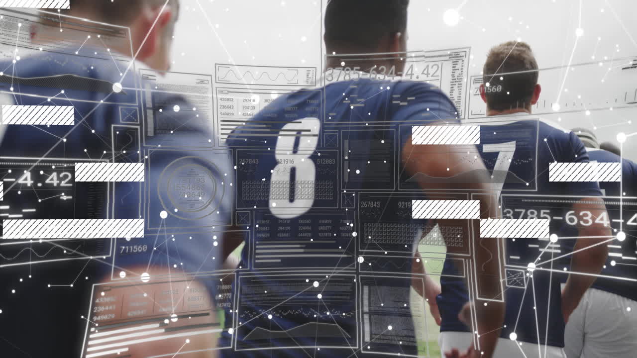 Athletes running with digital data processing animation overlaying their movements