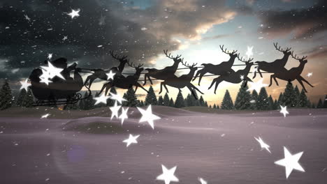 animation of santa claus in sleigh with reindeer over snow, stars falling and winter landscape