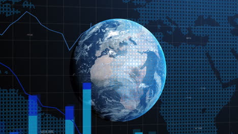 animación del procesamiento de datos estadísticos en todo el mundo contra el mapa del mundo en fondo azul