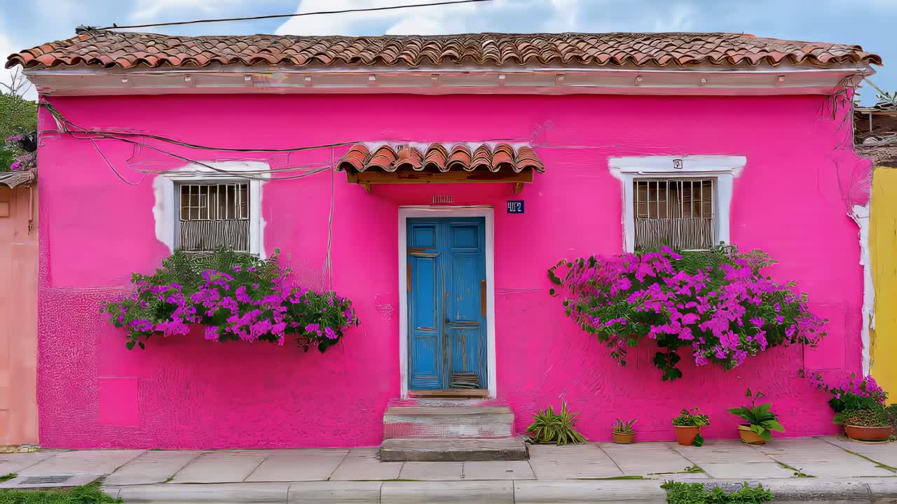 Progressive zoom on a picturesque pink house featuring a weathered blue door, adorned with vibrant purple flowers cascading from window boxes, evoking a charming and colorful architectural style
