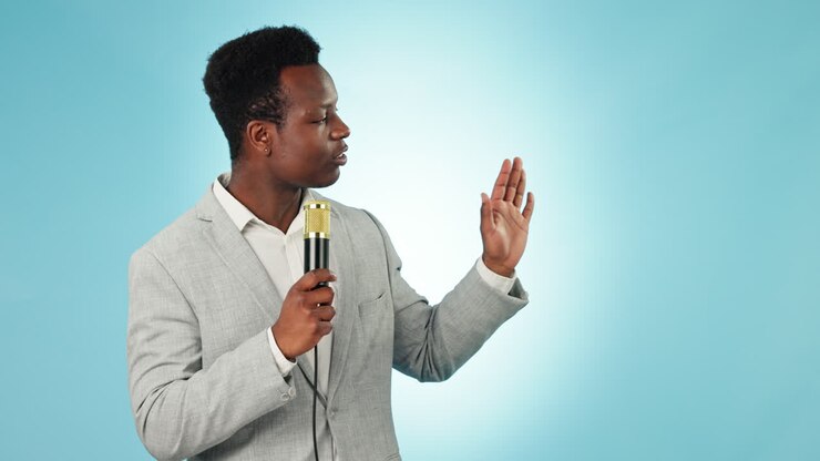 Reporter, news and black man pointing