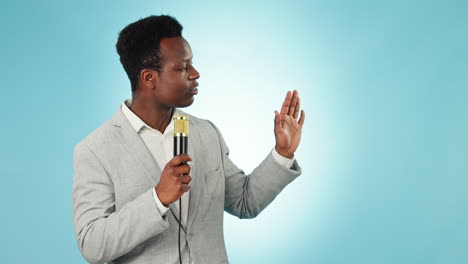 reporter, news and black man pointing