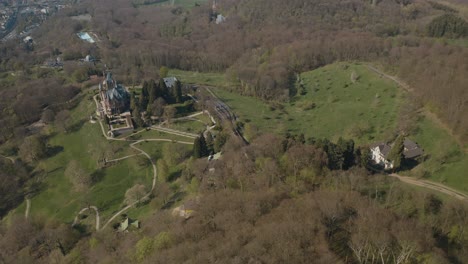 Drone---Aerial-Shot-Of-The-Drachenfels-With-Castle-Drachenburg-And-The-River-Rhine-Siebengebirge-Near-Bonn---Königswinter