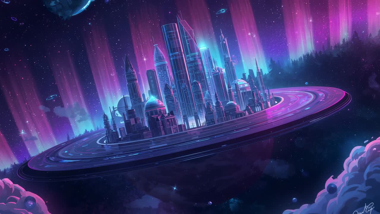 Rotating metallic ring revealing futuristic city in space with neon-lit skyscrapers, aurora streams